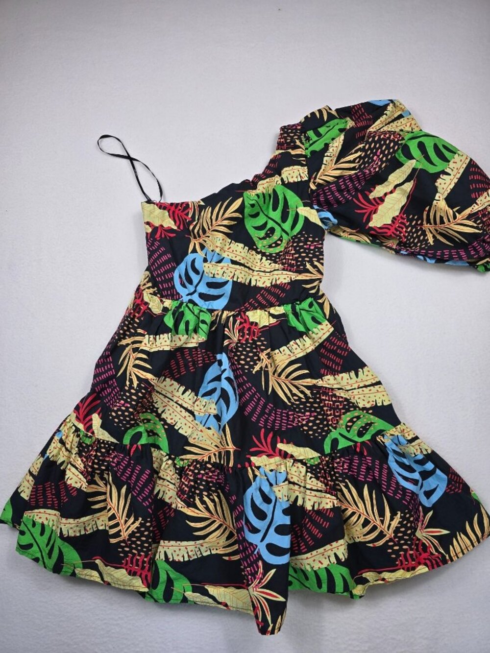 Forever 21 XS Tropical Print One-Shoulder Mini Dress Puff Sleeve 100% Cotton